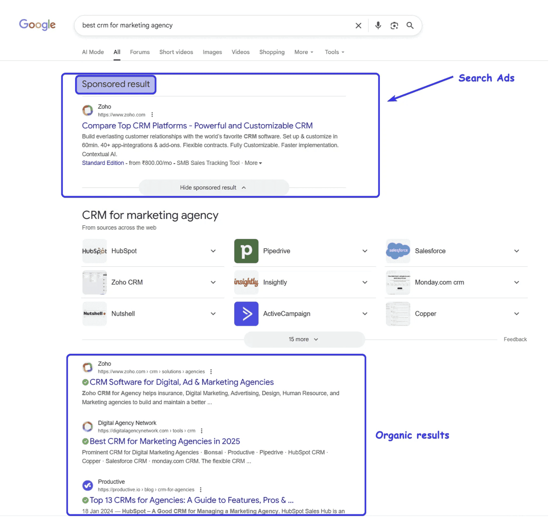 Zoho CRM Sponsored Ads and Organic Results example screenshot